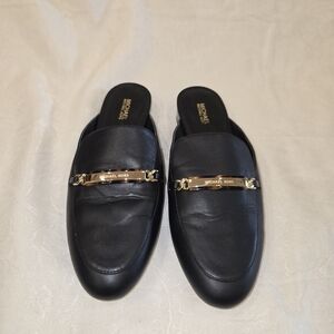 Michael Kors Black Leather Slip-On Mule with Gold Detail